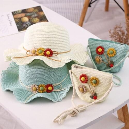 Two piece set child baby sun flower panama cap and handbags Outdoor princess girl kids straw hat UV protection hats caps bags