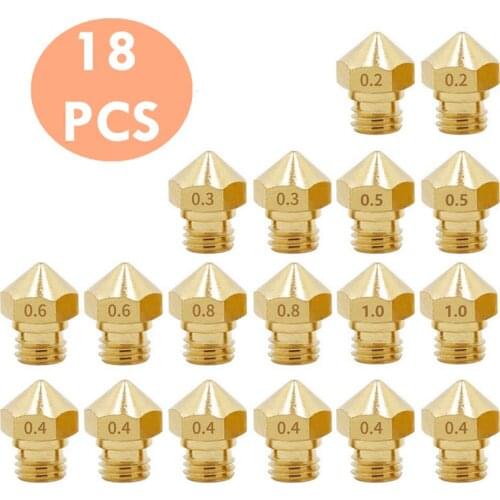 18PCS 3D Printer M7 MK10 Brass Extruder Head Hotend Nozzle 0.2mm 0.3mm 0.4mm 0.5mm 0.6mm 0.8mm 1.0mm fit 1.75mm Filament D4/I3