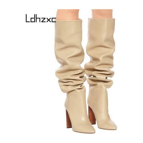 LDHZXC 2020 winter Over The Knee High Slouchy Boots Pointy Toe Chunky Heel Slouch Long Boots Ladies Winter Heeled Shoes size 42