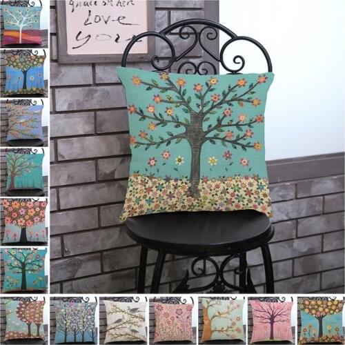 Life Tree Colorful Flower Bird Decorative Throw Pillows Home Decor Car Sofa Office Chair Cotton Linen Cushion Pillowcase 45*45cm