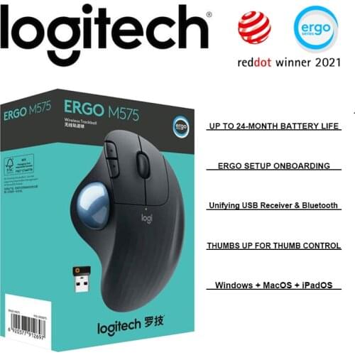 Logitech ERGO M575 Wireless Trackball Bluetooth Mouse with Precision Scroll Wheel ERGO Setup Onboarding Unifying USB Receiver