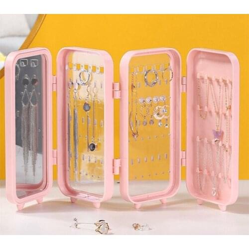 Small Earring Holder Stand, 4 Tiers Earring Organizer Box Foldable, Dustproof Earring Storage with Mirror