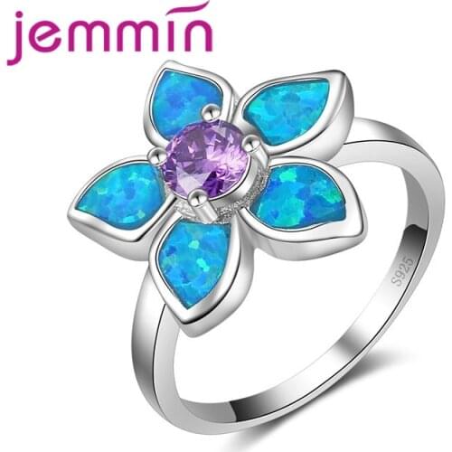 New Wedding Engagment Rings Sterling Silver Jewelry Flower Shape Blue Fire Opal Rings Purple Crystal Bridal Women Ring
