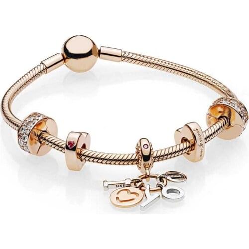 NEW 100% 925 Sterling silver ROSE I LOVE YOU BRACELET SET fit DIY Original charm Bracelets jewelry gift A set of prices