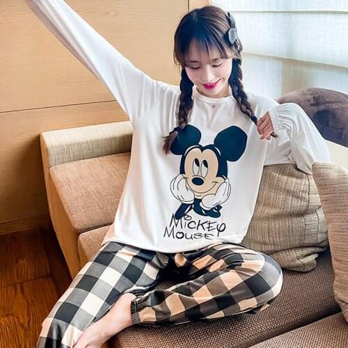 Disney ladies Mickey bear cartoon print pajamas long-sleeved spring and autumn cute printed round neck home service suit