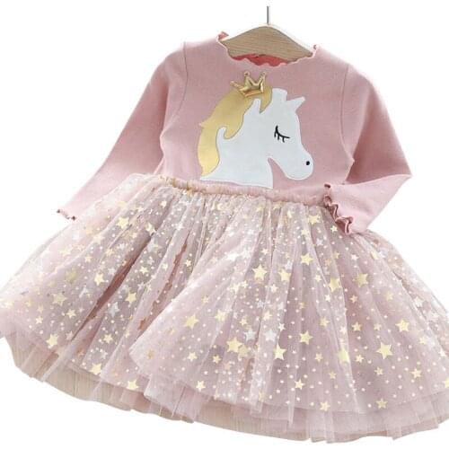 Girls Dress 2020 Autumn New Girls Printing Long Sleeve Dress Fashion Stitching Star Mesh Princess Dress Girls Clothes 3-10 Years