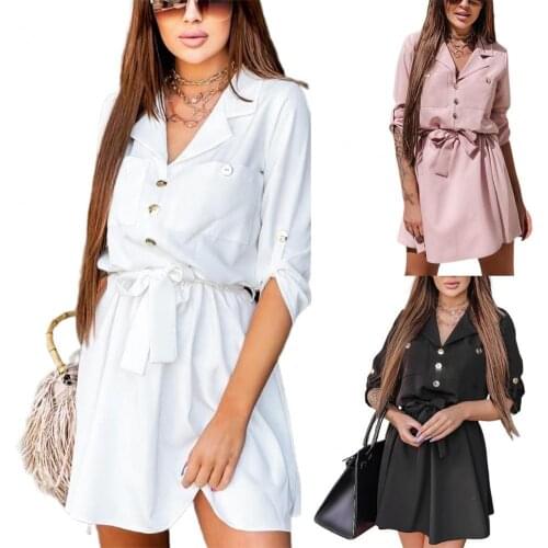 Women Dress Solid Color Buttons Female Three-quarter Sleeves Pockets Ruffled Dress for Date
