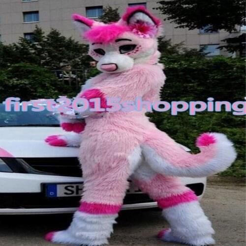 Professional Pink Long Fur Pink Husky Mascot Costume Fox Dog Adult Fancy Suit Unisex Cartoon Outfits Carnival Halloween Xmas Ad