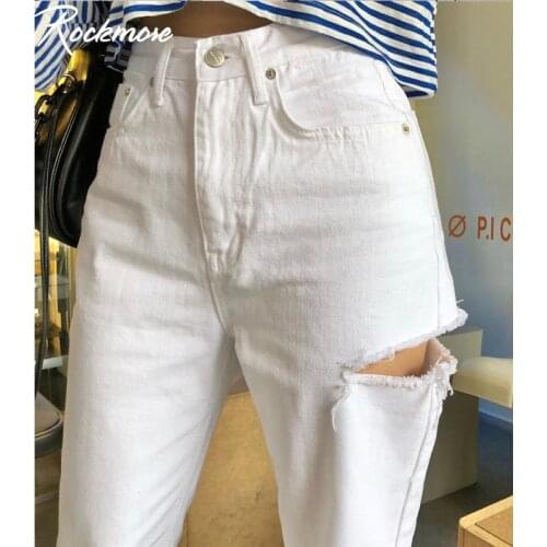 Rockmore Cotton High Waisted Jeans With Holes White Pockets Casual Straight Pants Wide Leg Plus Size Jean Streetwear Trousers