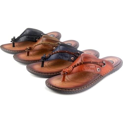 Genuine Leather Summer Retro Concise Mens Casual Slippers Big Size Fashion Trend Men Flip Flops Outdoor Non-slip Beach Slippers