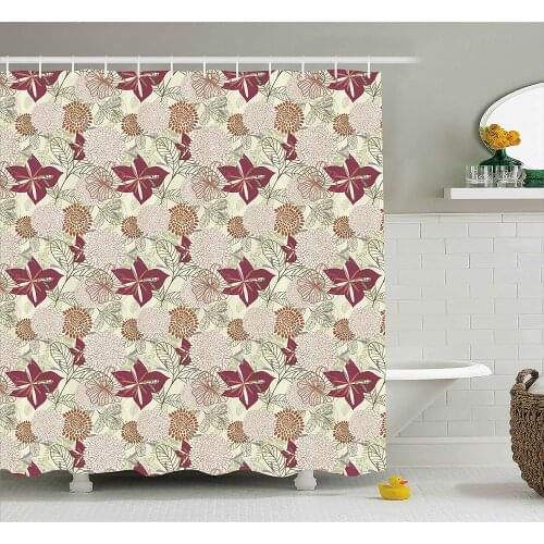 Flower Shower Curtain Modern Contemporary Purple Pink Based Sketchy Orchids Florals Leaves Buds Art Print Bath Curtains