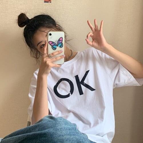 Loose Ok Letter Print T-shirt Womens T-shirts Tops Japanese Kawaii Ladies Ulzzang Female Korean Harajuku Clothes For Women