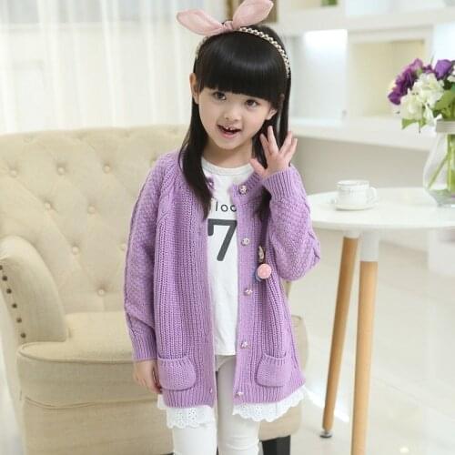 Baby girls knitted cardigan 2-11 years old girls childrens sweater Pocket cartoon ornaments spring and autumn baby sweater coat