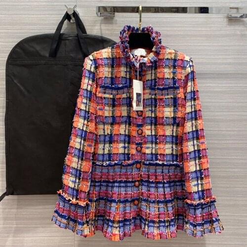 European and American womens clothing 2020 summer new style Long - sleeved standneck with rainbow plaid Fashionable tweed coat