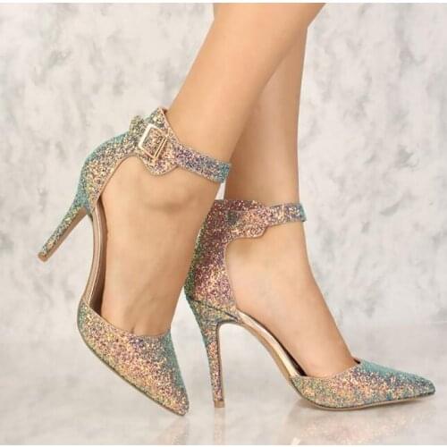 Moraima Snc Sexy Pointed Toe Glitter Embellished High Heel Shoes Ankle Strap Thin Heels Party Wedding Shoes Woman Fashion Pumps
