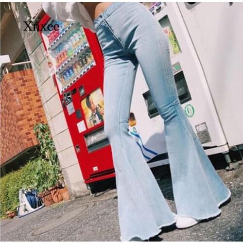 Women Retro High Waist Denim Flare Trousers Jeans Fashion Ladies Skinny Jeans Female Long Wide Leg Bell Bottom Pants Clothing