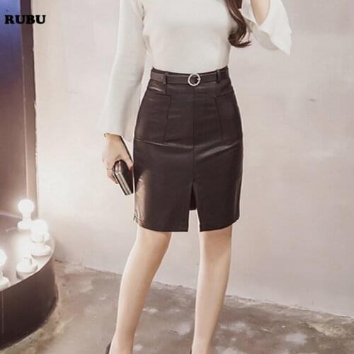 RUBU Women autumn Skirts Winter Fashion black PU Leather Skirts Women High Waist SlitPackage Hip Pencil POKETS bing short Skirt