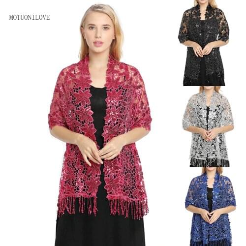 Womens Floral Lace Scarf Shawl with Tassels Glittering Vintage Lace Sequin Wedding Cape Fringed Formal Evening Party Shawl Wrap