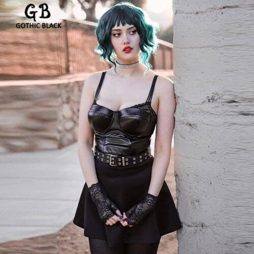 Gothblack Punk Sexy Splice Lace Camisole Women Gothic Slim PU Leather Solid Tank Tops Summer Fashion Street Backless Party Vest