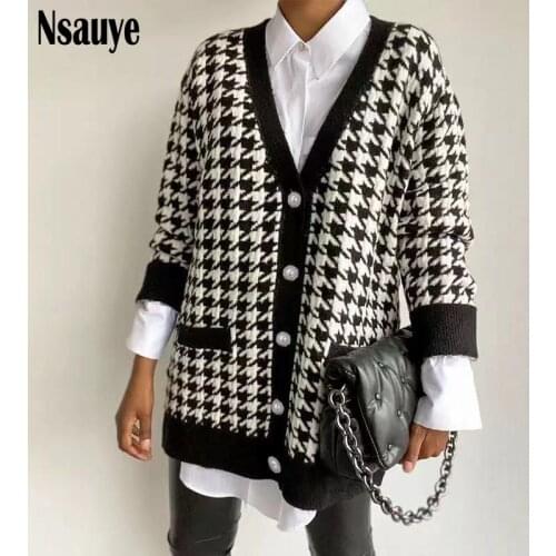 Nsauye 2021 Autumn Winter Female Vintage Knitted Sweater Black Houndstooth Cardigan Women Fashion Long Sleeve V Neck Coat Tops