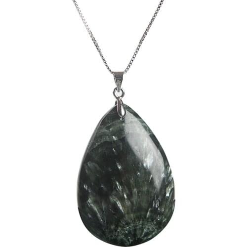 Woman Man Necklace Power Natural Stone Pendant Water Drop Bead Genuine Green Gems Natural Seraphinite Pendant 43*29*11mm