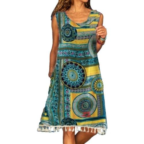 Women Dress Floral Print Tassel Summer Sleeveless Round Neck Dress for Beach Women clothes Black xxxl платье летнее