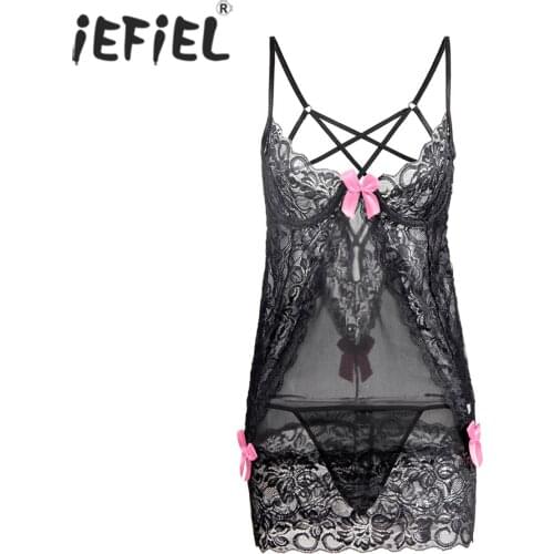 Women See-through Lace Sexy Mini Dress Female Adjustable Spaghetti Strap Bowknot Low-cut Bodycon Exotic Dresses Nightclub Wear