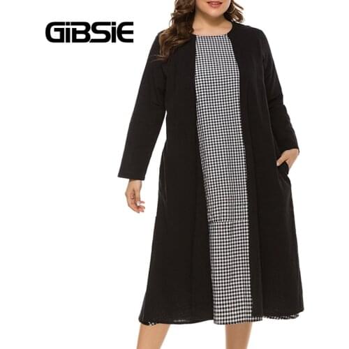 GIBSIE Plus Size Womens Loose Dresses O-Neck Long Sleeve Plaid Color Block Dress Women Autumn Pockets Casual Midi Dress 2021