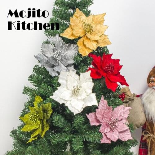 24pcs Christmas Flower Simulation Gold Powder Xmas Tree Decoration Golden (silvery white or silvery)