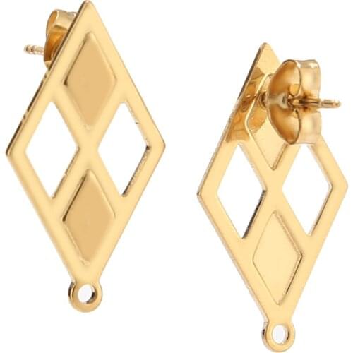10pcs Exaggerated Surgical Steel Real Gold Plated Rhombus Earring Posts Studs with 1.5mm Holes for Boho Jewelry Making