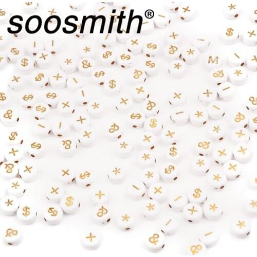 100 Pcs Mixed Symbol White Acrylic Beads Round Flat Golden symbol Loose Spacer Beads For Jewelry Making Bracelet Handmade