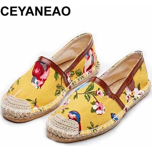 CEYANEAO Fashion Ethnic Casual Espadrilles Flat New Women Spring Birds Trees Printed Embroider Slip on Fishermen Hemp Rope Shoe