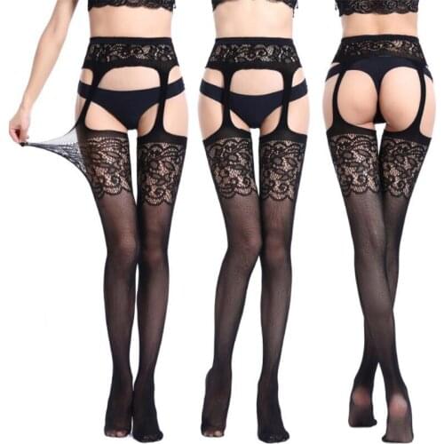 Women Sexy Lingerie Hollow Out Stockings Garter Stretch Black Fishnet Stockings High Waist Tights Bottoming Printed Pantyhose