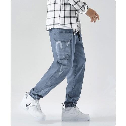 Jeans mens four seasons loose large straight casual long pants spring and Autumn patchwork jeans hip hop pants
