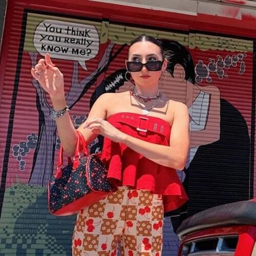 Gaono Metal Buckle Scalloped Edge Strapless Red Punk Tank Tops Sleeveless Backless Sexy Skinny Chic Solid Crop Top For Women