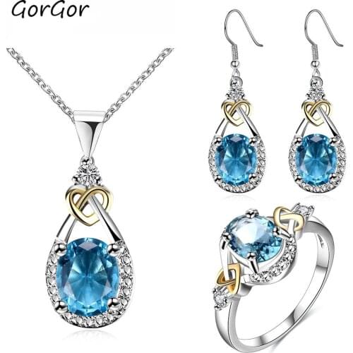 GorGor Jewelry Sets Women Copper Material Pattern Heart Cubic Blue Zirconia Beautifully Engagement Elegant Jewelry R1070019