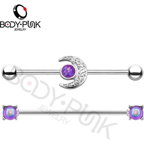 BODY PUNK 14G Surgical Steel Industrial Piercings 2PCS/Set Barbell Helix Tragus Stud Cartilage Earrings Moon Purple Stone Women