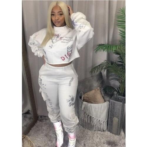 TNNAOFF Letter Graffiti Hoodies 2 Piece Set for Women Tracksuit Long Sleeve Tops Fall Sexy Sweatpants Lounge Wear Matching Sets