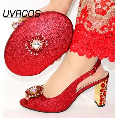 Red Color Ladies Italian Shoes and Bag Set Decorated with Rhinestone Nigerian Shoes and Matching Bags African Wedding Shoe Bag