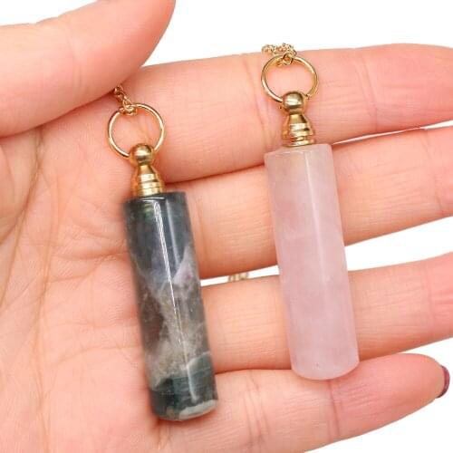 Natural Stone Crystal Agates Perfume Bottle Pendant Fluorite /Rose Quartzs Essential Oil Diffuser Necklace Jewelry Gift 12x48mm