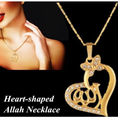 3 Colors Muslim Islamic God Allah Charm Pendant Necklace Religion Jewelry Arabic Women Heart Shape Mosaic Rhinestone Gold Color