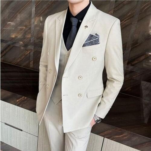 Blazers Jacket Pants Vest 3 Pcs Set / Fashion Mens Casual Boutique Business Solid Color Double Breasted Groomsmen Wedding Suit