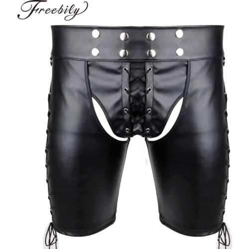 Sexy lingerie New Hot Black Mens Latex PVC Bondage Open Cortch Shorts Gothic Gay Men Faux Leather Lace Up Exotic Pants