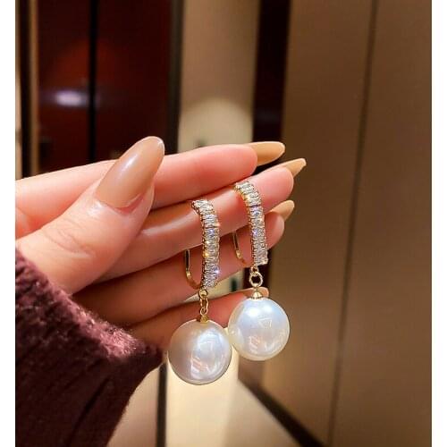 USTAR Shiny CZ Pearl stud Earrings For women Rhinestone gold color Earring Party Fashion Jewelry Gifts