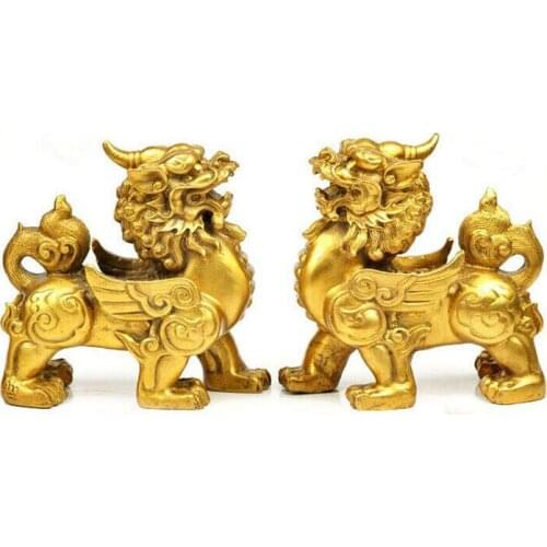 11cm Pure Bronze talisman Fengshui Door Fu Foo Dog Lion beast kylin Pair statue