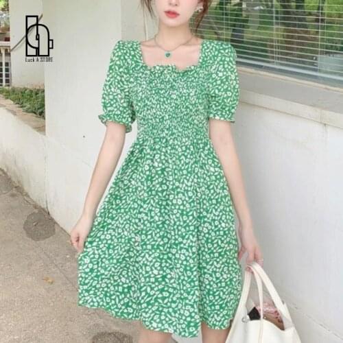 Luck A Sweet Elegant Floral Dress Women Summer Print Green Casual Light Dresses 2021 Korean Short Sleeve Cute Kawaii Clothing