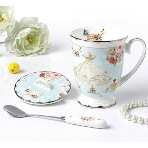 High Grade Bone China Tea Mug Porcelain Ceramic Coffee Mug With Lid And Stainless Spoon Drinking Cup Dropshipping