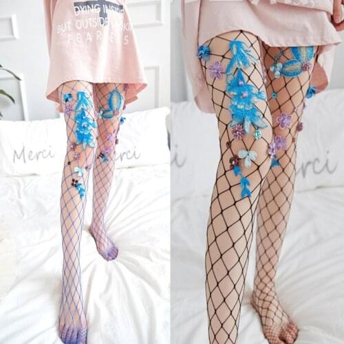 Women Sexy Hollow Out Fishnet Pantyhose Handmade 3D Embroidered Flower Rhinestone Drill Tights Party Club Mesh Net Stockings Soc