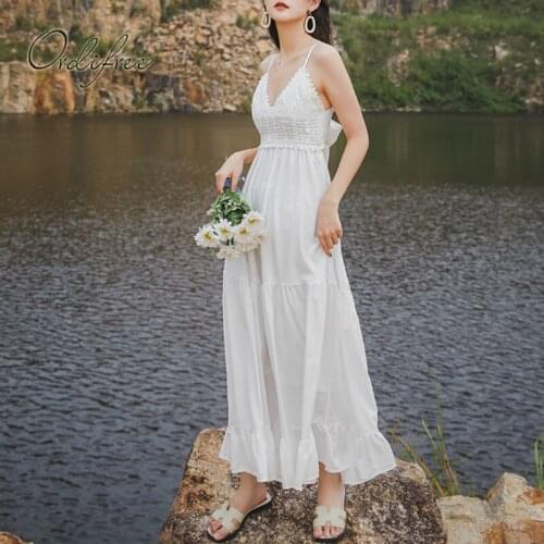 Ordifree 2021 Summer Women White Maxi Dress Spaghetti Strap Sexy Backless Crochet Long Tunic Beach Dress