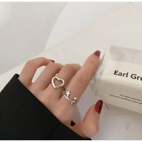 Hollow Love Heart Star Round Ball Thai Silver Color Ring for Women Adjustable Finger Ring Jewelry S-R850